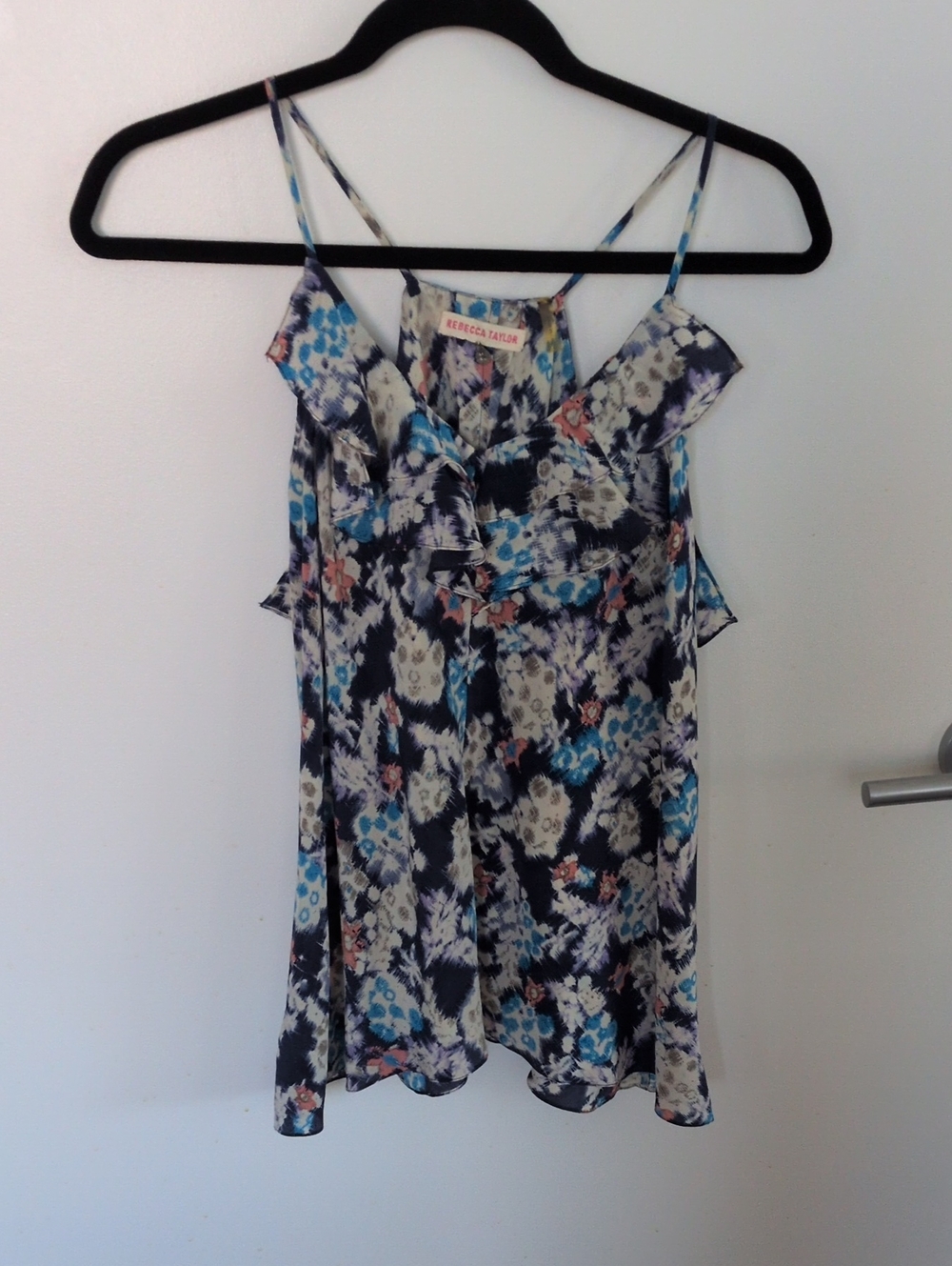 Rebecca Taylor 100% Silk Navy Floral Ruffle Camisole with Blue and Coral Accents
